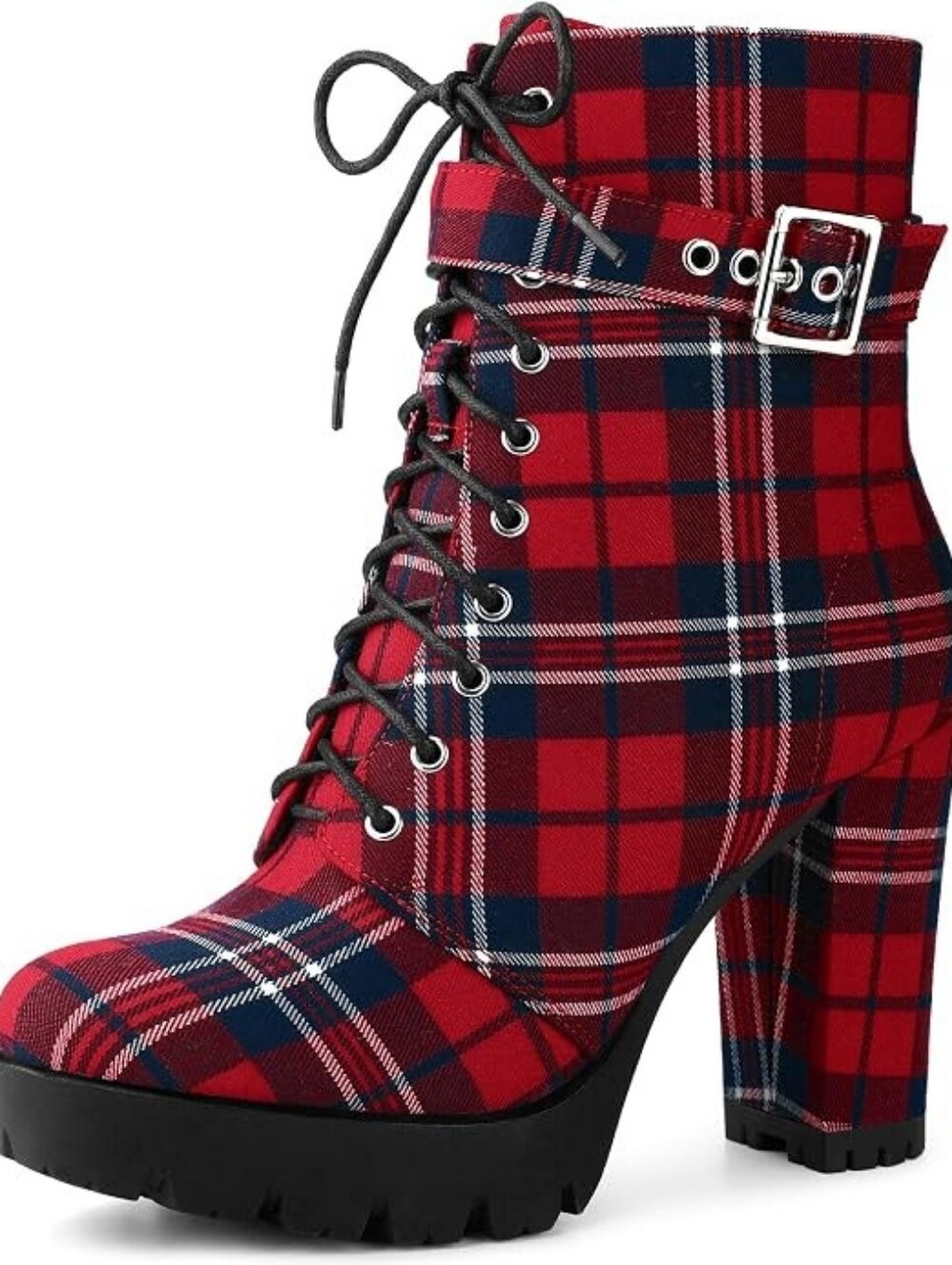 Collegecore Red Plaid Lace-Up Platform Ankle Boots